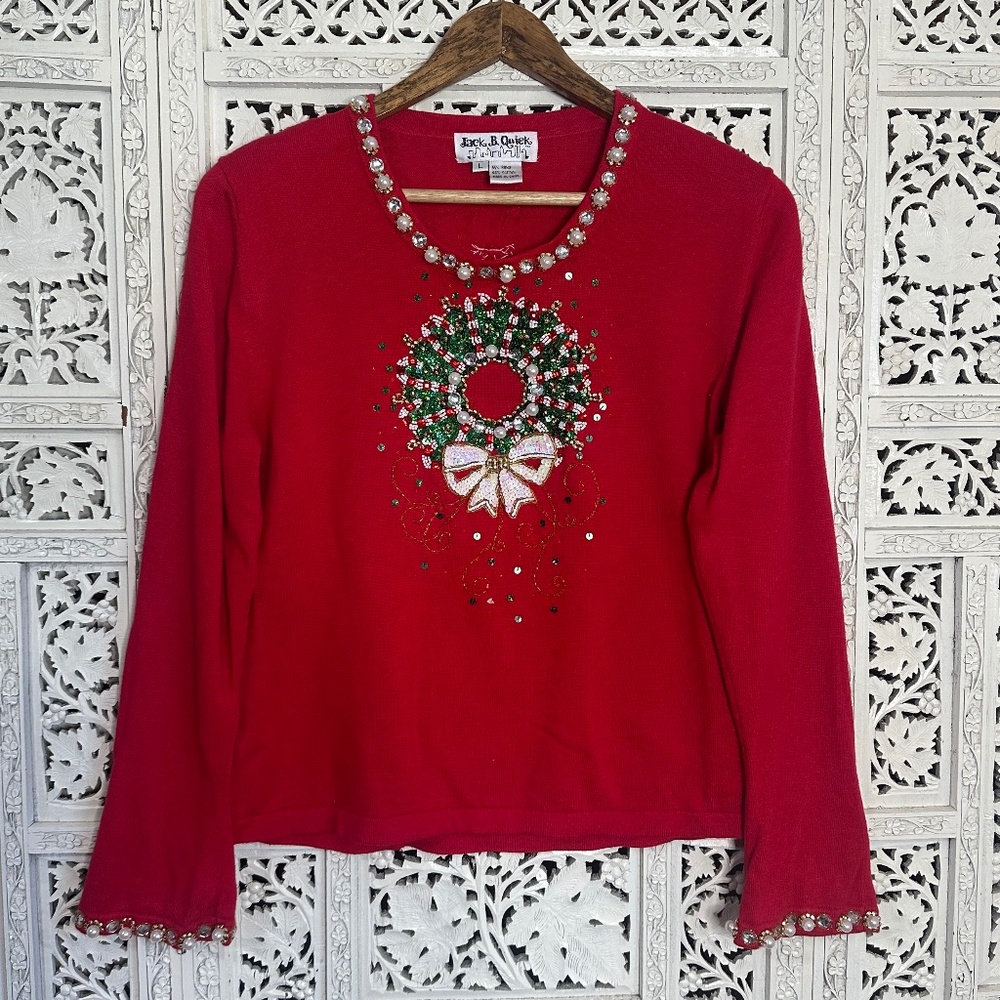 Vintage Jack B Quick Beaded Sequin Christmas‎ Wreath Shirt Sz Medium
